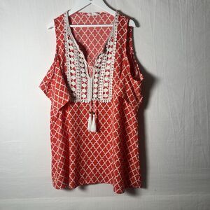 Peach Love Women’s M Tunic Cold Shoulder Embroidered Flowy Geometric Print Boho